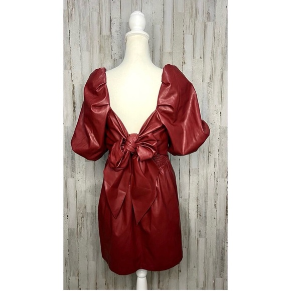 Anthropologie Faux Leather Red Mini Dress Bow-Back Detail Medium Holiday Festive - Picture 3 of 8